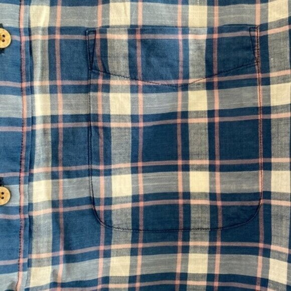 Faherty Button Up Shirt Top Small 100% Indigo Cotton Blue Pink White Plaid Prep - Picture 6 of 6